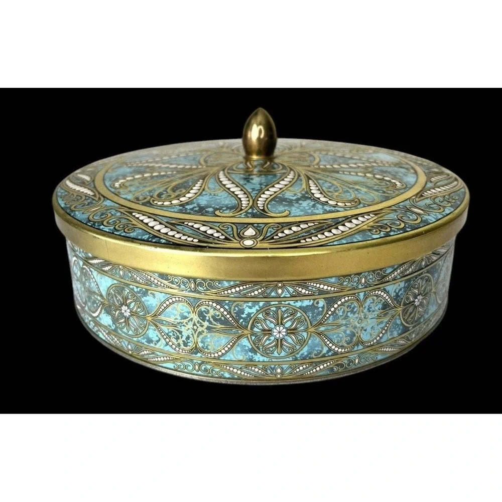 Vintage Daher Round Turquoise Gold White Mosaic Tin Brass Finial Made In England